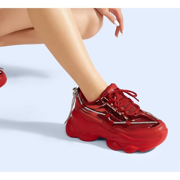 Women's Red 90s Chunky Sneakers Sparkly Bling Rhinestone Rope Platform Shoes - Picture 9 of 9